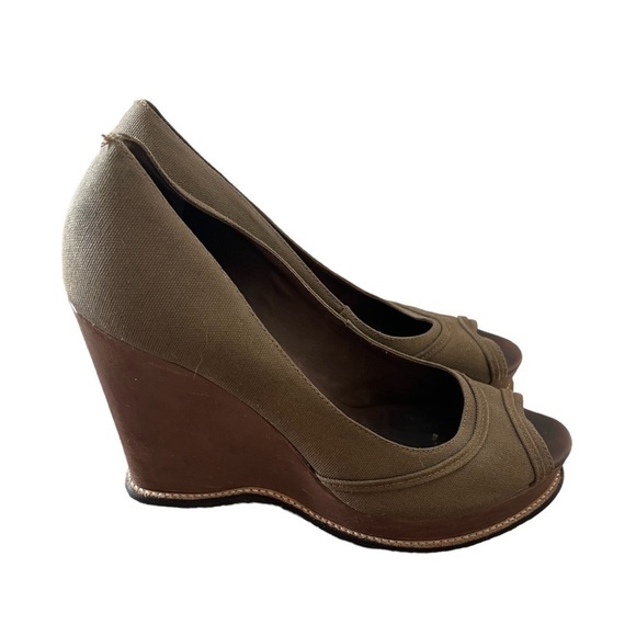 Michael Kors Green Canvas and Leather Peep Toe Wedges - Picture 1 of 6